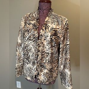 Chico’s Silk Animal Print Ruffle Neck Open Front Blazer Jacket Brown size 1